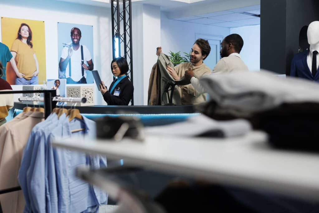 Neyius Clean Customer and cashier talking at checkoutCustomer and cashier talking at checkout while completing apparel purchase transaction in clothing store. Boutique worker assisting shopper at counter desk in shopping mall
